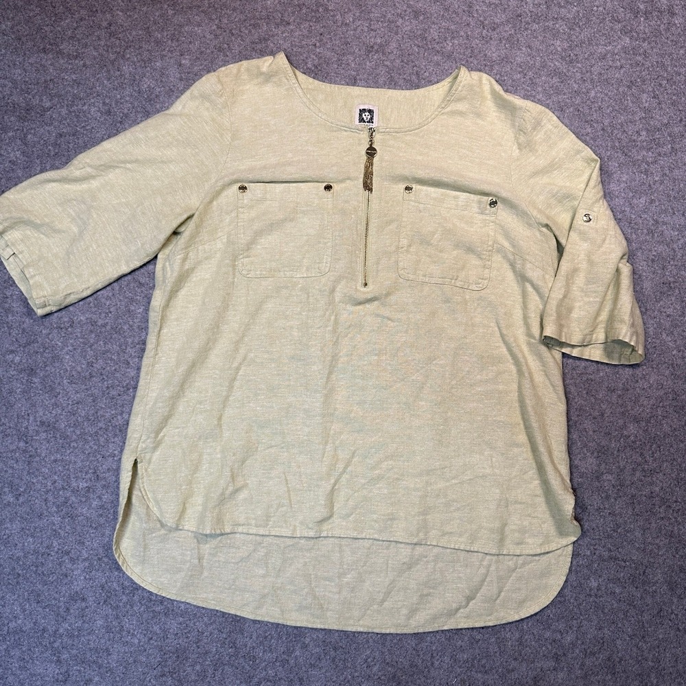 Anne Klein‎ Zip Front Tunic Top Large Sage Green Linen Blend Tassel Zip
